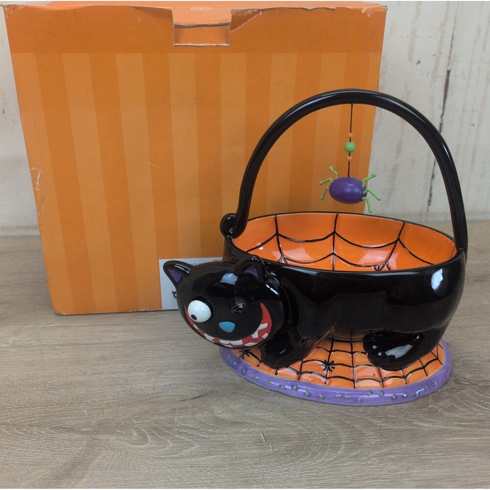 Department 56 Rare Black Cat Halloween Candy Dish 2005 Hanging Spider *Issue*